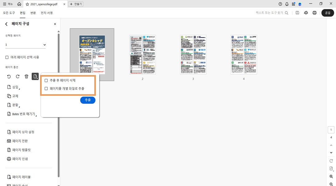 페이지 구성 패널에 페이지 추출 대화 상자가 표시되며 다음 옵션이 있습니다. 추출 후 페이지 삭제 및 페이지를 개별 파일로 추출. 작업을 확인하는 [추출] 버튼이 있습니다.