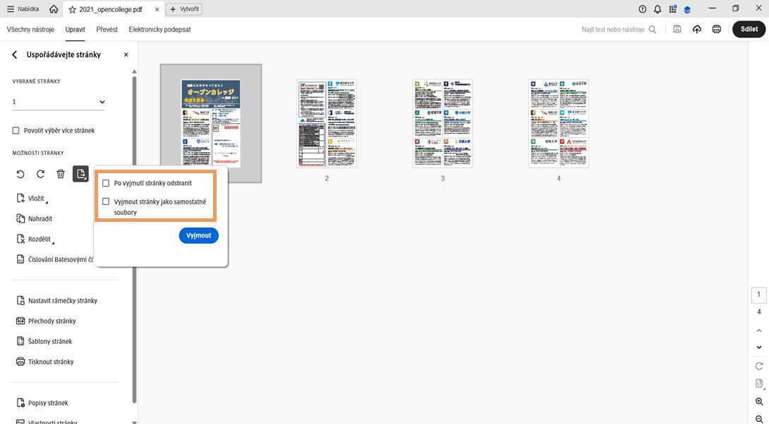 Panel Uspořádání stránek zobrazuje dialogové okno Extrahovat stránku s následujícími možnostmi: Odstranit stránky po extrahování a Extrahovat stránky jako samostatné soubory.K potvrzení akce slouží tlačítko Extrahovat.