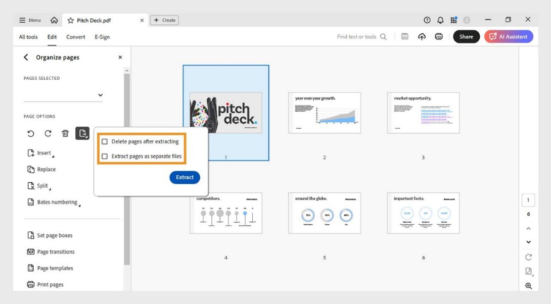 Ipinapakita ng Organize pages panel ang Extract page dialog box na may mga sumusunod na opsyon: Delete pages after extracting at Extract pages as separate files. May Extract button para kumpirmahin ang aksyon.