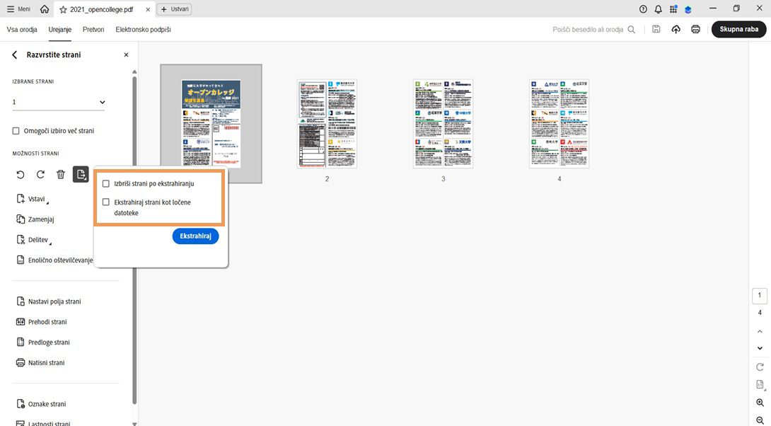 V podoknu Razvrščanje strani se prikaže pogovorno okno Ekstrahiraj stran z naslednjimi možnostmi: Izbriši strani po ekstrahiranju in Ekstrahiraj strani kot ločene datoteke. Na voljo je gumb Eksrtahiraj za potrditev dejanja.