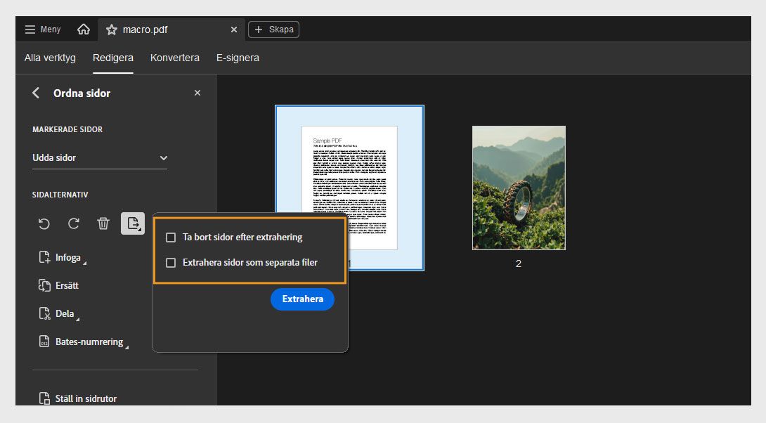 Panelen Ordna sidor visar dialogrutan Extrahera sida med följande alternativ: Ta bort sidor efter extrahering och Extrahera sidor som separata filer. Det finns en Extrahera-knapp för att bekräfta åtgärden.