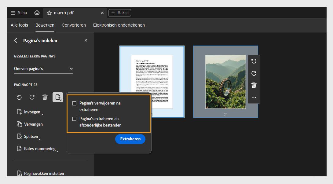 Het deelvenster Pagina's indelen toont het dialoogvenster Pagina's extraheren met de volgende opties: Pagina's verwijderen na extraheren en Pagina's extraheren als afzonderlijke bestanden. Er is een knop Extraheren om de actie te bevestigen.