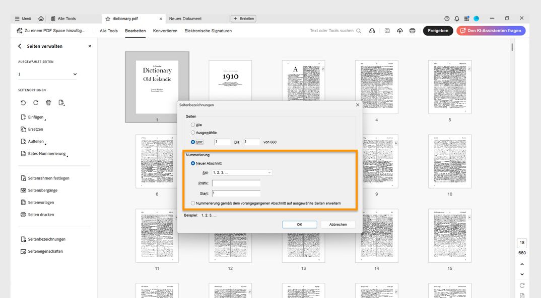 Das Bedienfeld „Seiten organisieren“ zeigt das Dialogfeld Seitenbeschriftungen mit Optionen, um einen neuen Abschnitt zu beginnen oder die Nummerierung des vorherigen Abschnitts fortzusetzen.