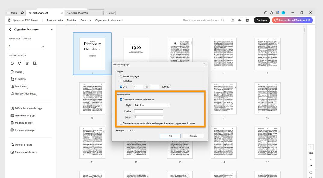 Le panneau Organiser les pages affiche la boîte de dialogue Intitulés de page avec des options permettant de commencer une nouvelle section ou d’étendre la numérotation utilisée dans la section précédente.