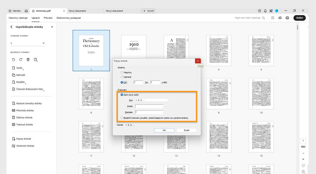 Panel Uspořádání stránek zobrazuje dialogové okno Popisky stránek s možnostmi zahájit novou sekci nebo rozšířit číslování použité v předchozí sekci.