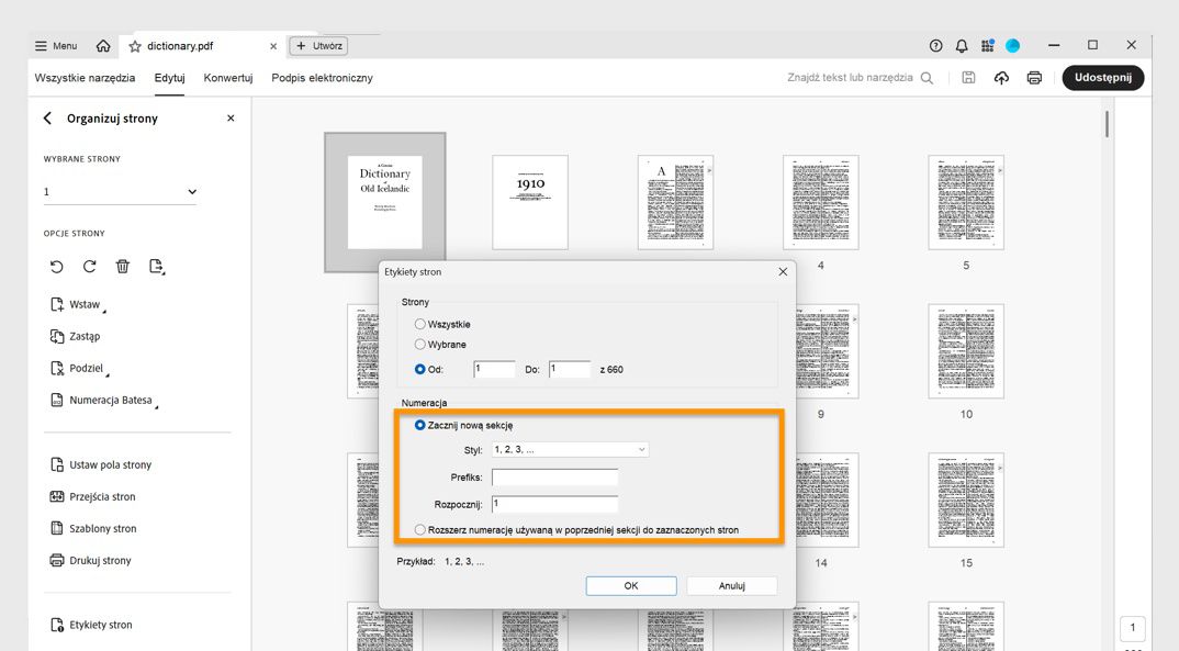 Panel Organizuj strony pokazuje okno dialogowe Etykiety stron z opcjami rozpoczęcia nowej sekcji lub rozszerzenia numeracji używanej w poprzedniej sekcji.