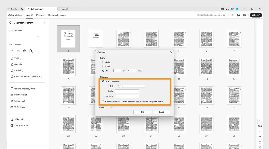 Panel Usporiadanie strán zobrazuje dialógové okno Označenia strán s možnosťami začať novú sekciu alebo rozšíriť číslovanie použité v predchádzajúcej sekcii.