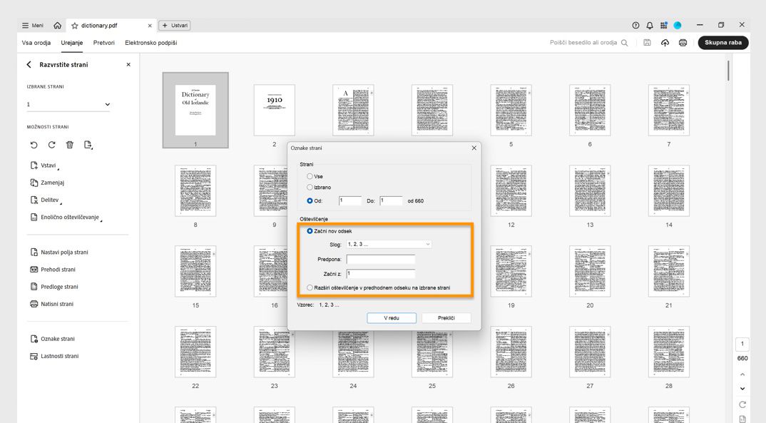 V podoknu Razvrščanje strani je prikazano pogovorno okno Oznake strani z možnostmi za začetek novega razdelka ali razširitev oštevilčenja, uporabljenega v prejšnjem razdelku.