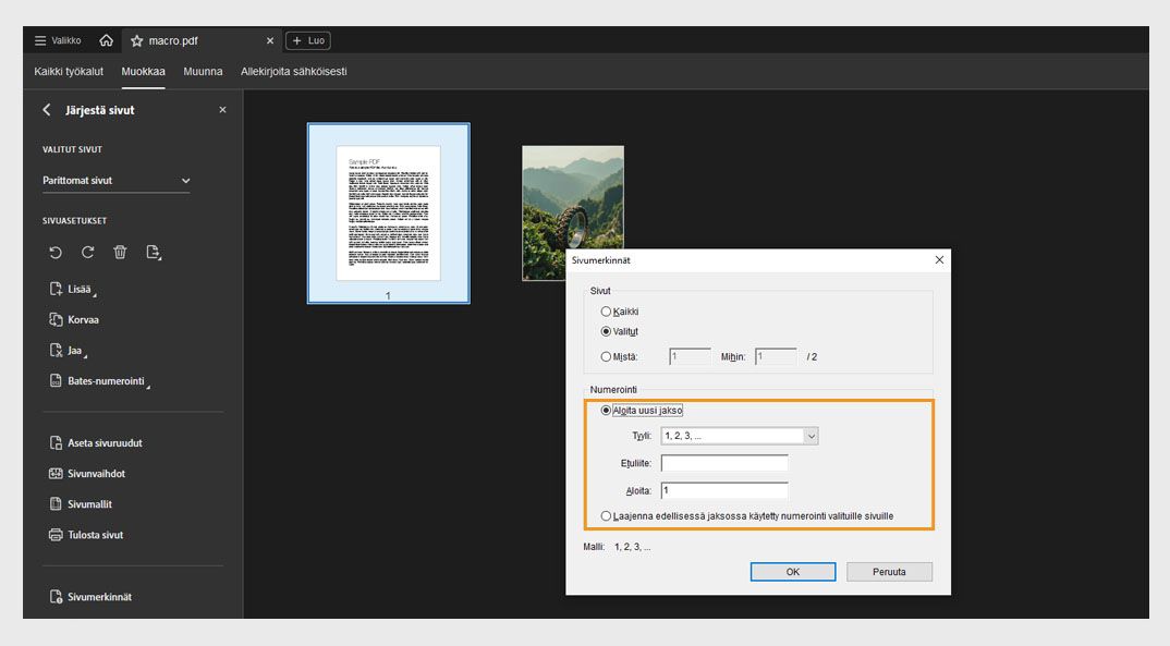 Järjestä sivut -paneeli näyttää Sivutunnisteet-valintaikkunan, jossa on vaihtoehdot aloittaa uusi jakso tai jatkaa edellisessä jaksossa käytettyä numerointia.
