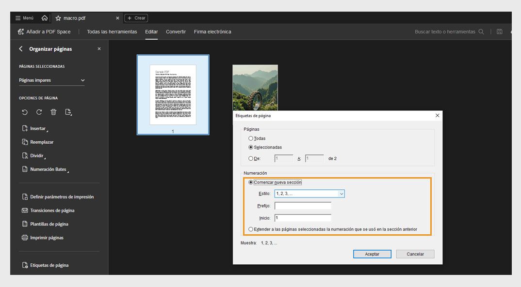 El panel Organizar páginas muestra el cuadro de diálogo Etiquetas de página con opciones para comenzar una nueva sección o extender la numeración utilizada en la sección anterior.