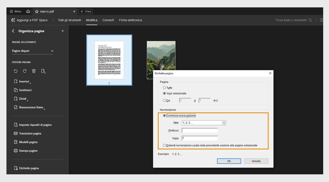 Il pannello Organizza le pagine mostra la finestra di dialogo Etichette pagina con le opzioni per iniziare una nuova sezione o estendere la numerazione utilizzata nella sezione precedente.