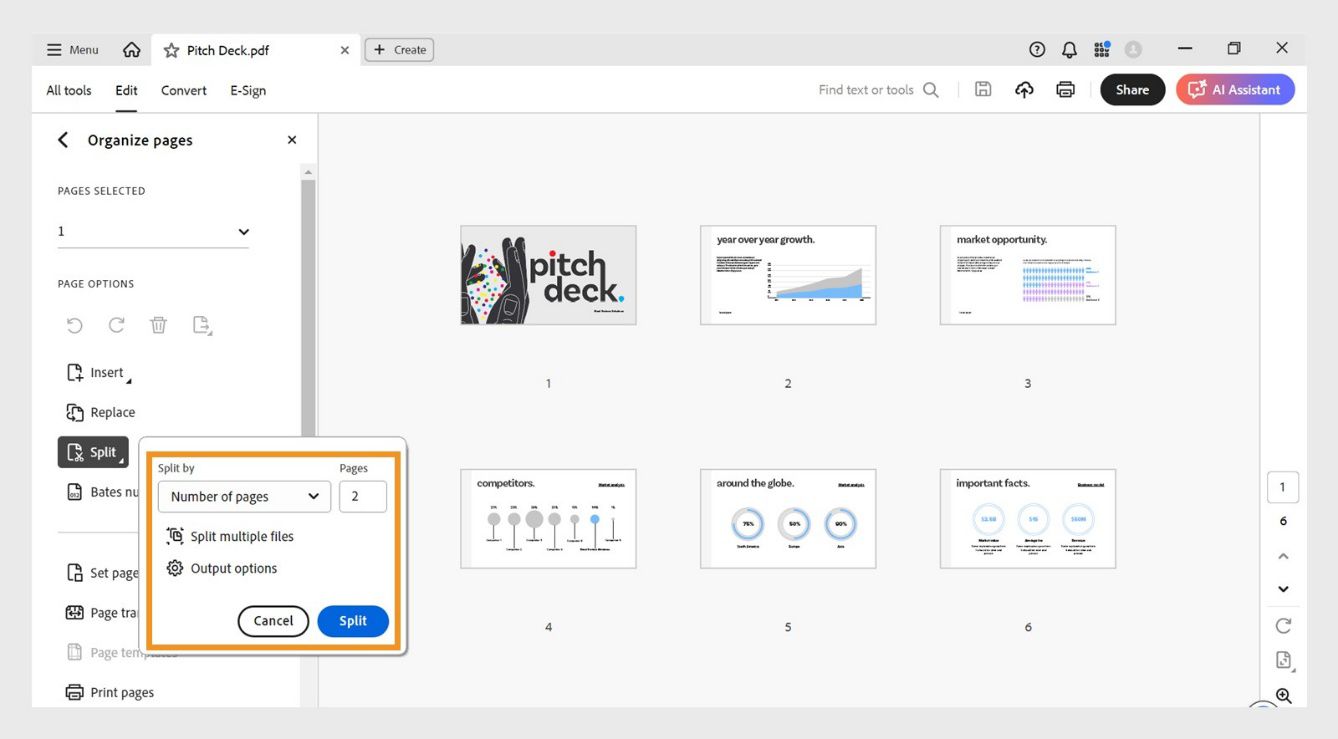 Le panneau Organiser les pages affiche la boîte de dialogue Fractionner avec diverses options : Fractionner par, Pages, Fractionner plusieurs fichiers et Options de sortie.