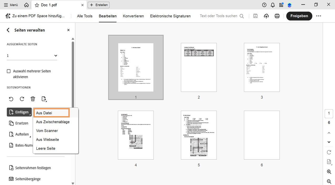 Erweitertes Menü „infügen“ im Werkzeug „Seiten organisieren“ mit Optionen zum Hinzufügen einer Seite aus einer Datei, der Zwischenablage, einem Scanner, einer Web-Seite oder als leere Seite.