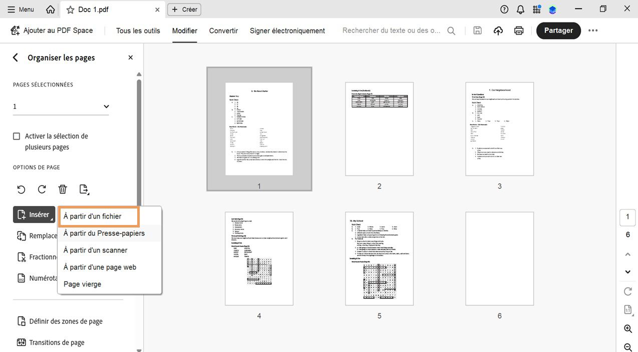 Menu Insérer déployé dans l’outil Organiser les pages. Il présente des options permettant d’ajouter une page à partir d’un fichier, du Presse-papiers, d’un scanner, d’une page web ou simplement comme page vierge.