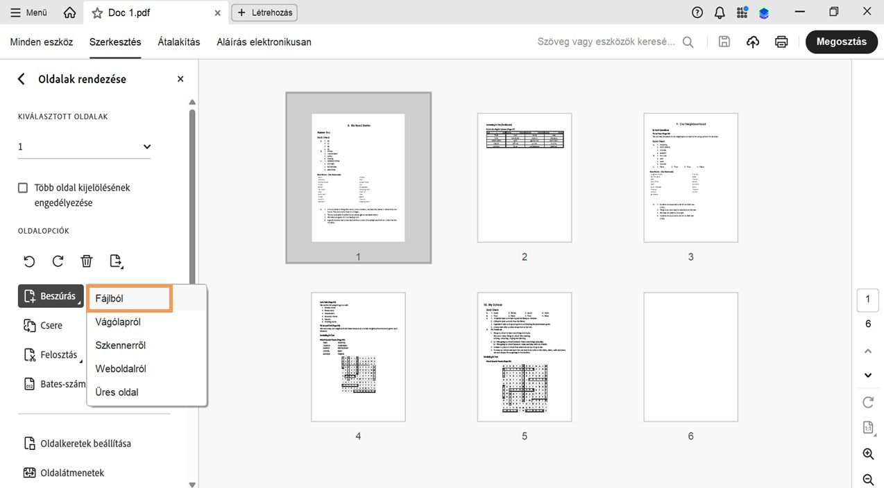 A Beszúrás menü kibontva az Oldalak rendezése eszközben, amely megjeleníti a fájlból, vágólapról, lapolvasóról, weboldalról vagy üres oldalként történő oldalhozzáadás lehetőségeit.