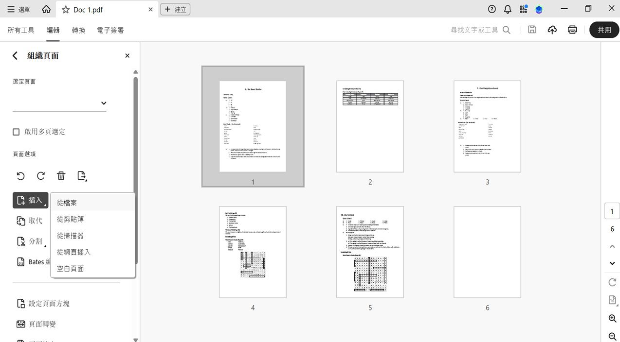 「組織頁面」工具中「插入」選單展開，顯示從檔案、剪貼簿、掃描器、網頁或以空白頁面新增頁面的選項。