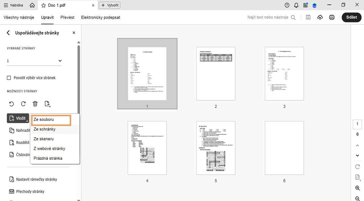 Rozbalená nabídka Vložit v nástroji Uspořádání stránek zobrazující možnosti přidání stránky ze souboru, schránky, skeneru, webové stránky nebo jako prázdné stránky.