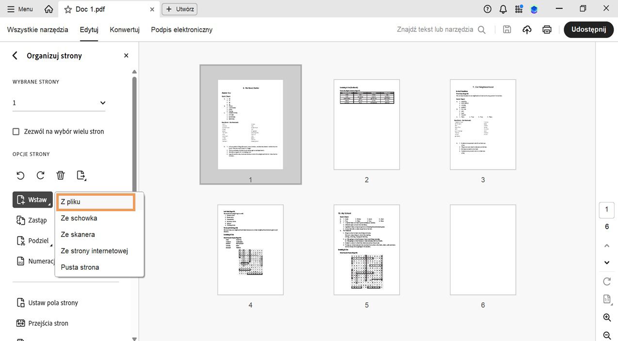 Rozwinięte menu Wstaw w narzędziu Organizuj strony pokazujące opcje dodawania strony z pliku, schowka, skanera, strony internetowej lub jako pustej strony.