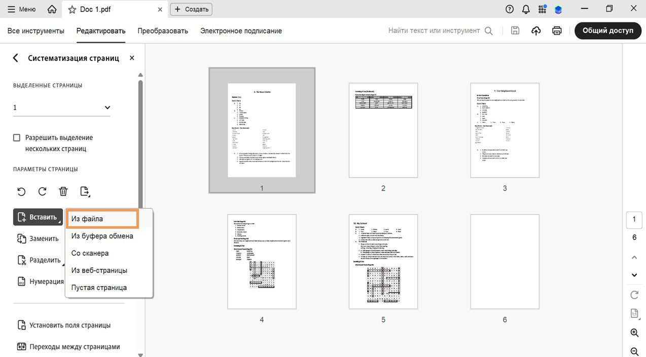 В инструменте «Систематизировать страницы» развернуто меню «Вставить», в котором показаны параметры для добавления страницы из файла, буфера обмена, сканера, веб-страницы или в качестве пустой страницы.
