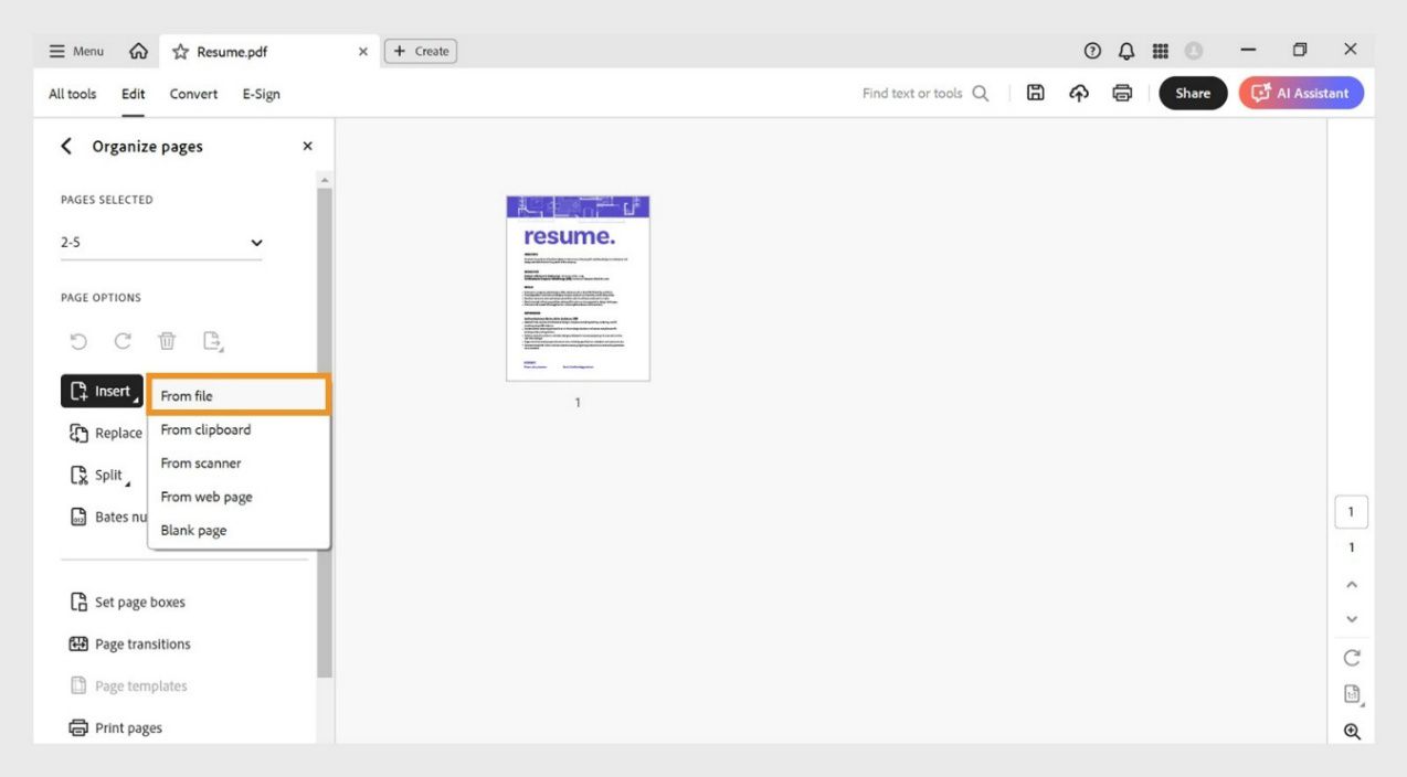 Naka-expand ang Insert menu sa tool na Organize Pages na nagpapakita ng mga pagpipilian para magdagdag ng pahina mula sa file, clipboard, scanner, web page, o bilang isang blangkong pahina.