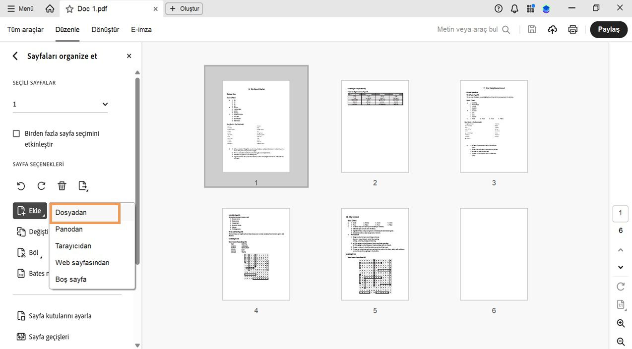 Sayfaları Organize Et aracında, bir dosyadan, panodan, tarayıcıdan, web sayfasından ekleme veya boş sayfa olarak sayfa ekleme seçeneklerini gösteren genişletilmiş Ekle menüsü.