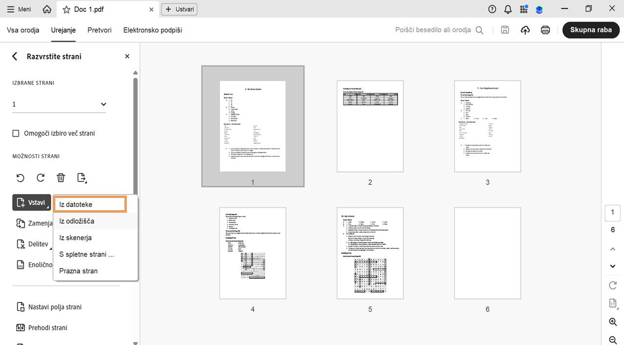 Razširjen meni Vstavi v orodju Razvrščanje strani prikazuje možnosti za dodajanje strani iz datoteke, odložišča, optičnega bralnika, spletne strani ali kot prazno stran.