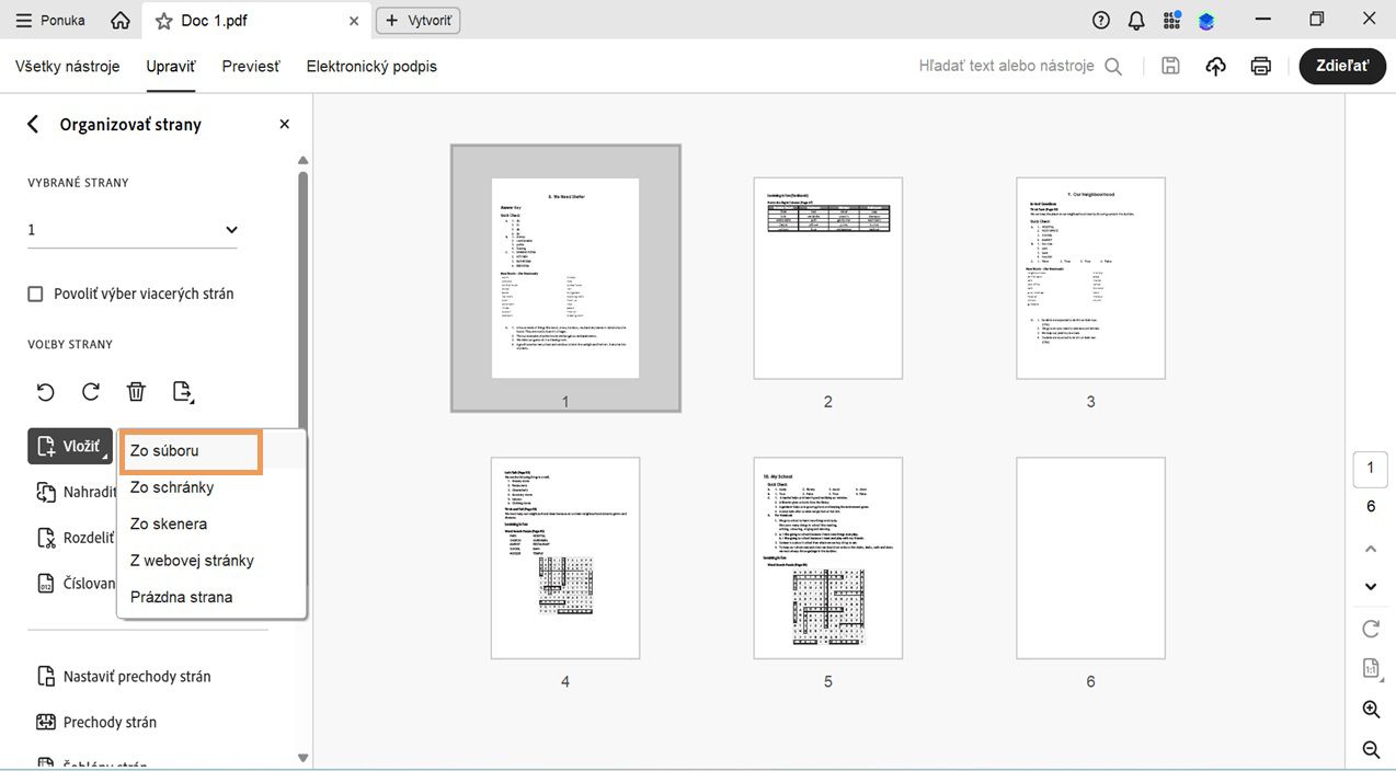 Rozbalená ponuka Vložiť v nástroji Usporiadanie strán zobrazujúca možnosti pridania stránky zo súboru, schránky, skenera, webovej stránky alebo ako prázdnej stránky.