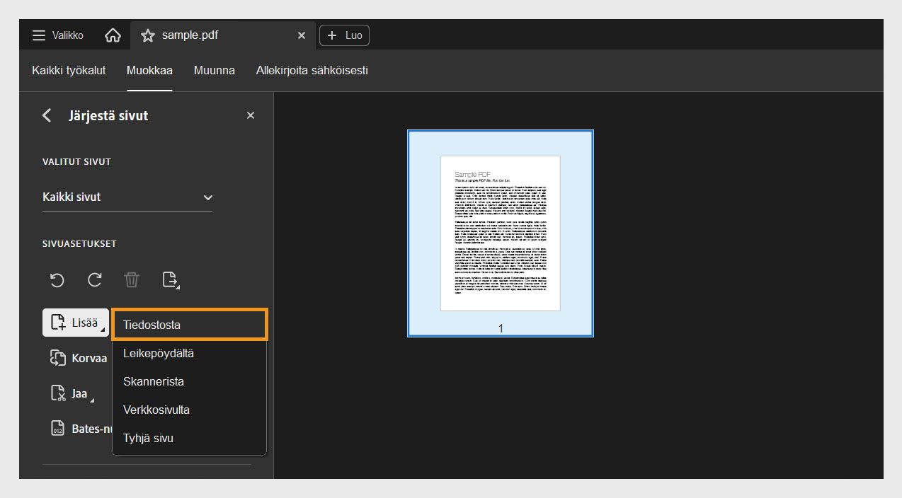 Järjestä sivut -työkalussa laajennettu Lisää-valikko, jossa näkyvät vaihtoehdot sivun lisäämiseen tiedostosta, leikepöydältä, skannerista, verkkosivulta tai tyhjänä sivuna.