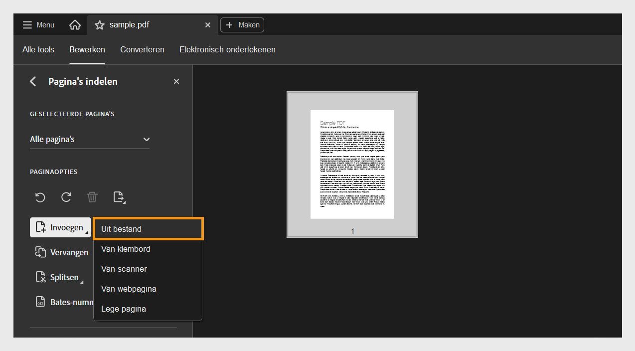 Het menu Invoegen is uitgevouwen in de tool Pagina's indelen en toont opties om een pagina toe te voegen vanuit een bestand, klembord, scanner, webpagina of als een lege pagina.