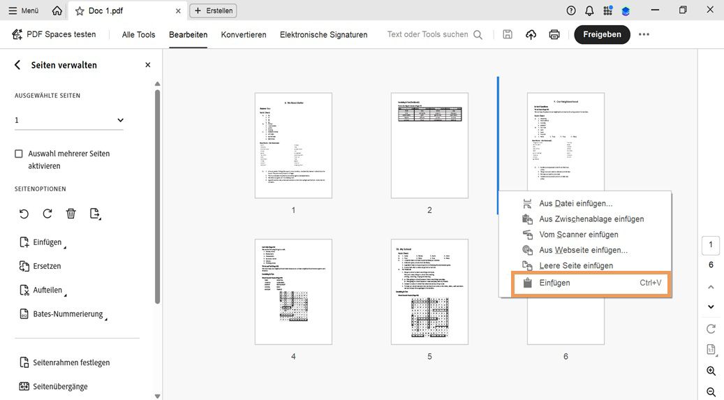 Die Ansicht „Seiten organisieren&quot; zeigt Seitenminiaturansichten. Das Kontextmenü ist geöffnet, wobei die Option „Einfügen“ zum Einfügen einer kopierten oder ausgeschnittenen Seite hervorgehoben ist.