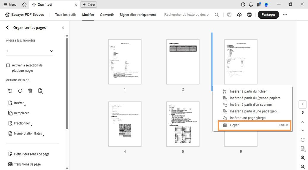 La vue Organiser les pages affiche les miniatures des pages.Le menu contextuel est ouvert, avec l’option Coller mise en évidence pour insérer une page copiée ou coupée.