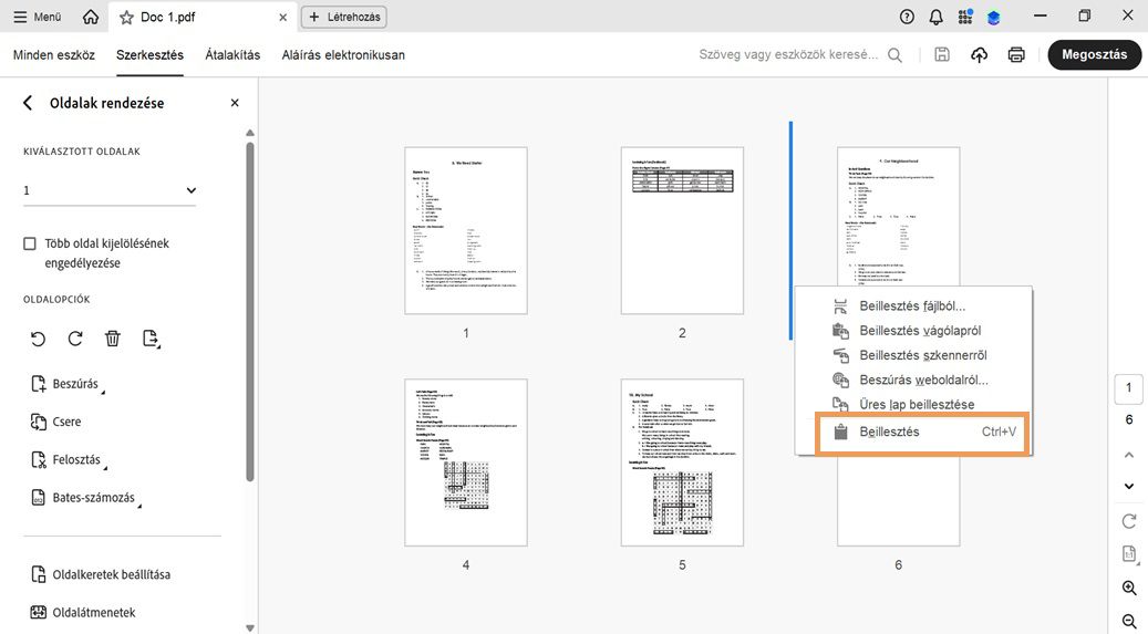 Az Oldalak rendezése nézet az oldalak indexképeit mutatja.A helyi menü nyitva van, a Beillesztés opció pedig ki van emelve a másolt vagy kivágott oldal beillesztéséhez.