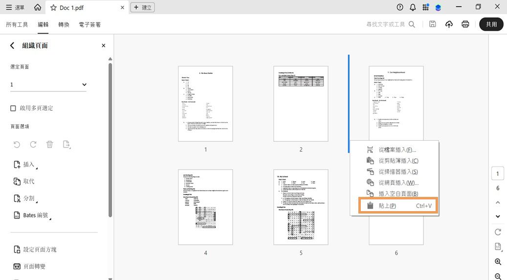 「組織頁面」檢視會顯示頁面縮圖。內容選單會開啟，「貼上」選項會醒目顯示，以插入複製或剪下的頁面。