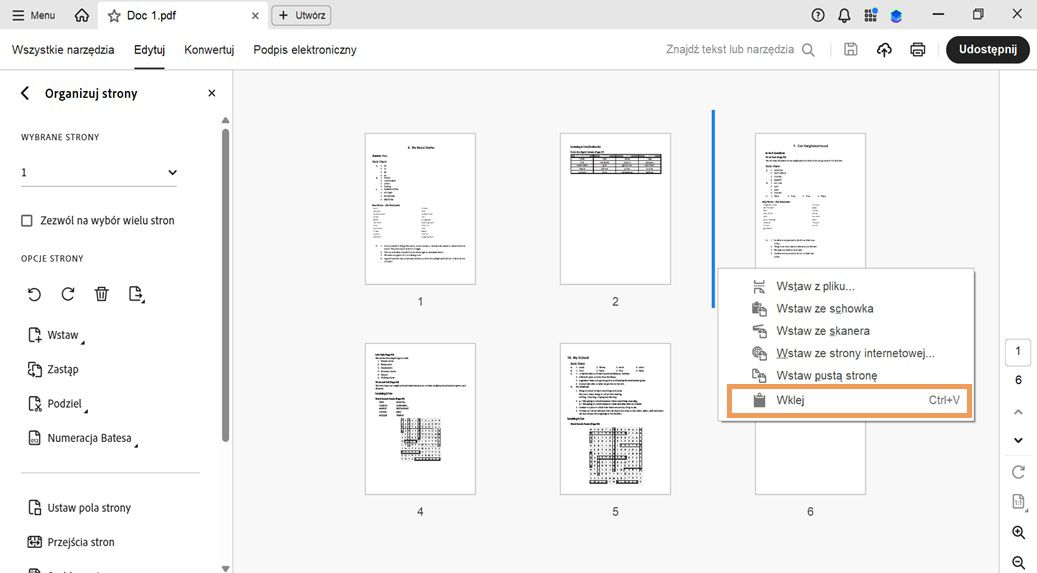 Widok Organizuj strony pokazuje miniatury stron. Menu kontekstowe jest otwarte, z podświetloną opcją „Wklej” do wstawiania skopiowanej lub wyciętej strony.
