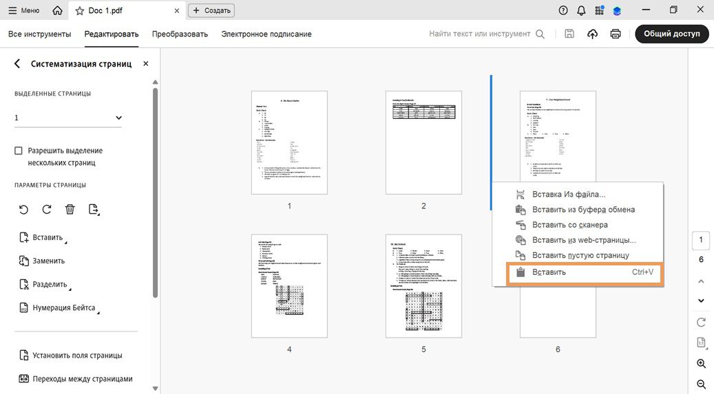 Вид «Систематизировать страницы» показывает миниатюры страниц. Открыто контекстное меню с выделенной опцией Вставить для вставки скопированной или вырезанной страницы.