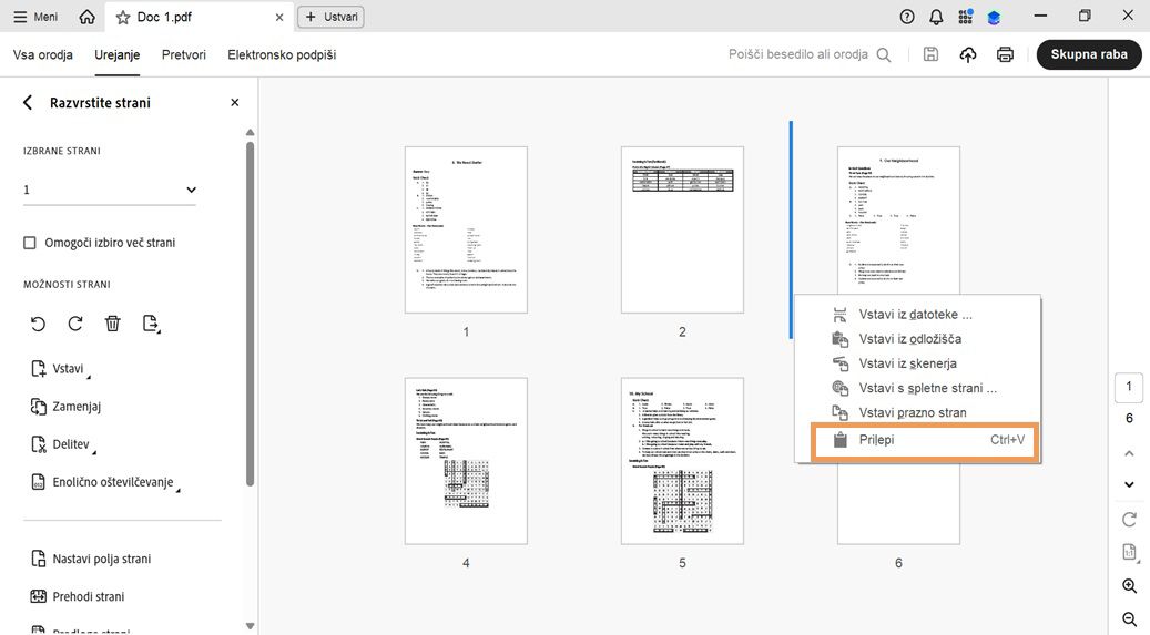 Pogled Razvrščanje strani prikazuje sličice strani. Kontekstni meni je odprt, z označeno možnostjo Prilepi za vstavljanje kopirane ali izrezane strani.