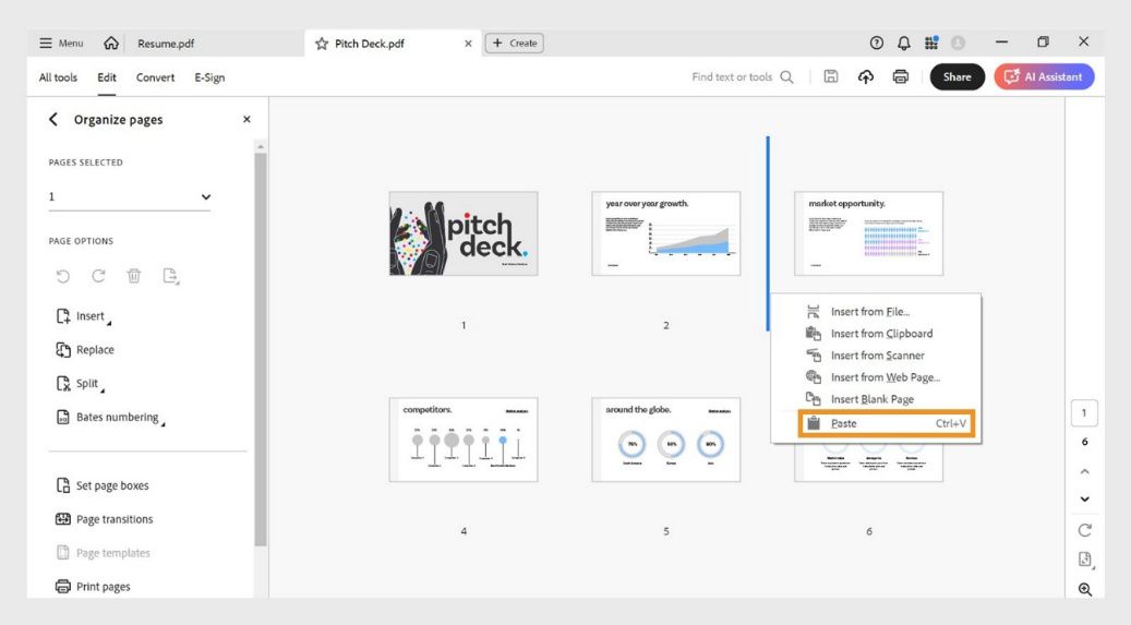 התצוגה Organize pages (סידור עמודים) מציגה תמונות ממוזערות של עמודים. תפריט ההקשר פתוח, כאשר האפשרות Paste מודגשת להוספת עמוד מועתק או גזור.
