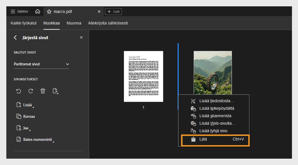 Järjestä sivut -näkymä näyttää sivujen pikkukuvat. Kontekstivalikko on auki, ja Liitä-vaihtoehto on korostettu kopioidun sivun tai leikatun sivun lisäämistä varten.