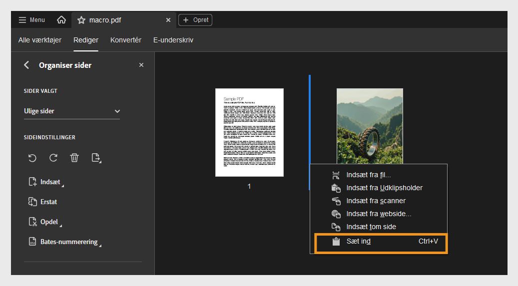 Visningen Organiser sider viser miniaturebilleder af sider. Genvejsmenuen er åben, og indstillingen Indsæt er fremhævet for at indsætte en kopieret side eller udklippet side.