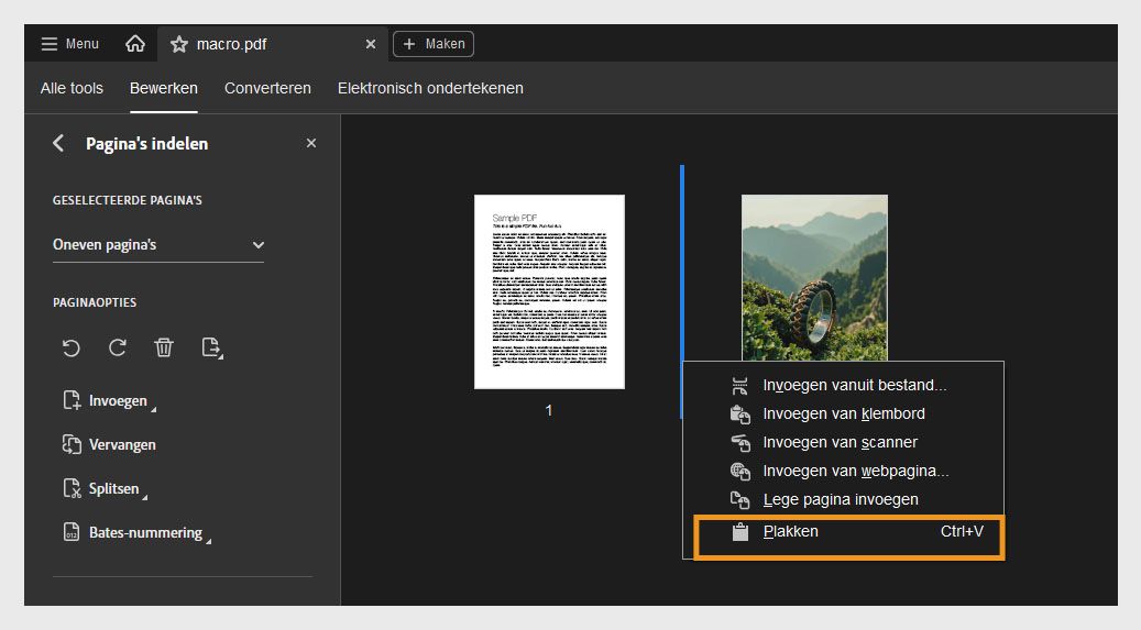 De weergave Pagina's indelen geeft paginaminiaturen weer. Het contextmenu is geopend, met de optie Plakken gemarkeerd voor het invoegen van een gekopieerde of geknipte pagina.