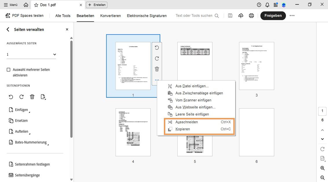 Die Ansicht „Seiten organisieren&quot; zeigt Miniaturansichten, wobei das Kontextmenü einer ausgewählten Seite die Optionen Ausschneiden und Kopieren anzeigt.
