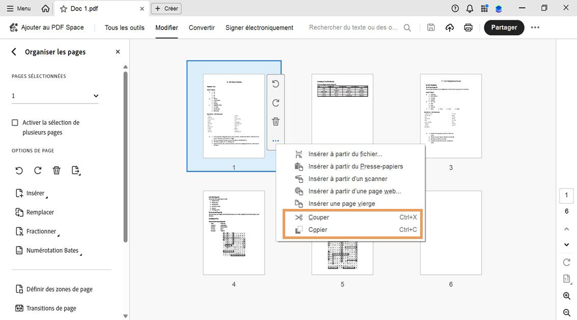 La vue Organiser les pages affiche les miniatures, avec le menu contextuel d'une page sélectionnée présentant les options Couper et Copier.