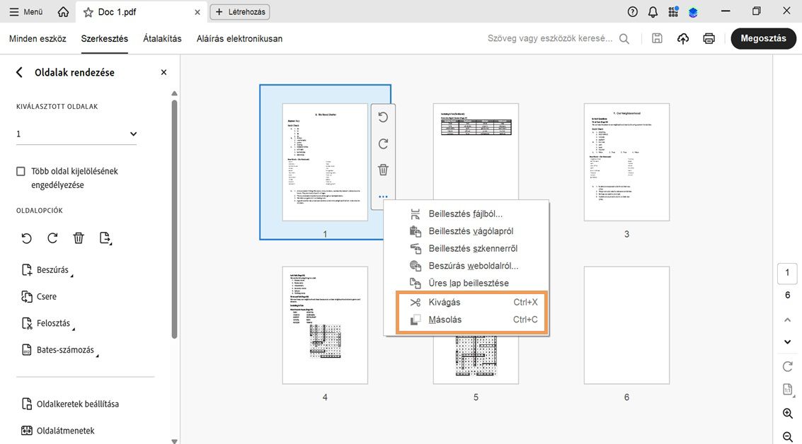 Az Oldalak rendezése nézet indexképeket mutat, a kiválasztott oldal helyi menüjében pedig megjelennek a Kivágás és Másolás opciók.