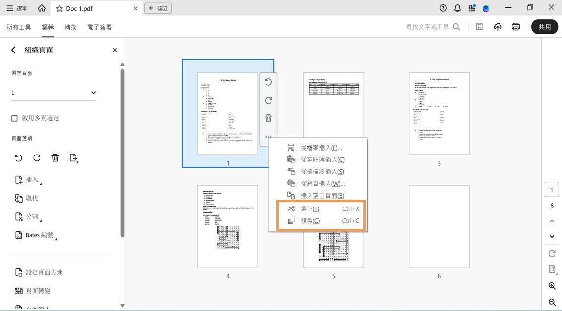 「組織頁面」檢視顯示縮圖，選取的頁面的內容選單顯示剪下和複製選項。