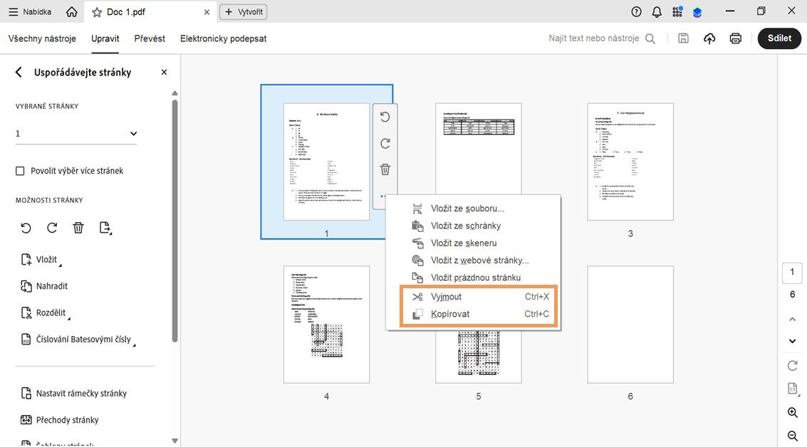 Zobrazení Uspořádání stránek ukazuje miniatury s kontextovou nabídkou vybrané stránky zobrazující možnosti Vyjmout a Kopírovat.