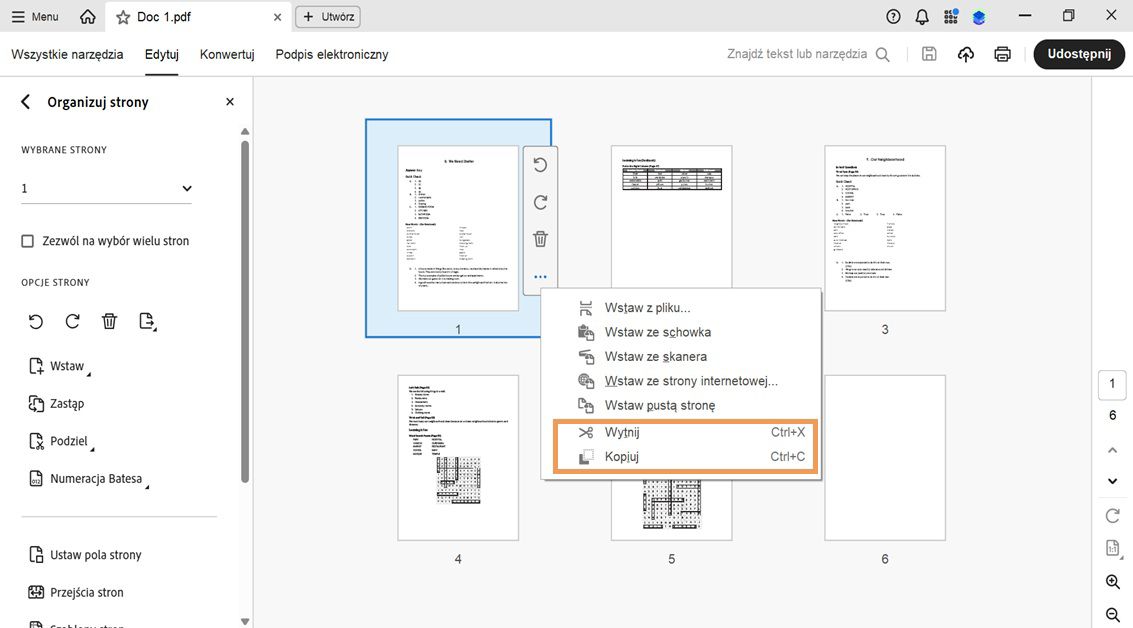 Widok Organizuj strony pokazuje miniatury, a menu kontekstowe wybranej strony wyświetla opcje Wytnij i Kopiuj.