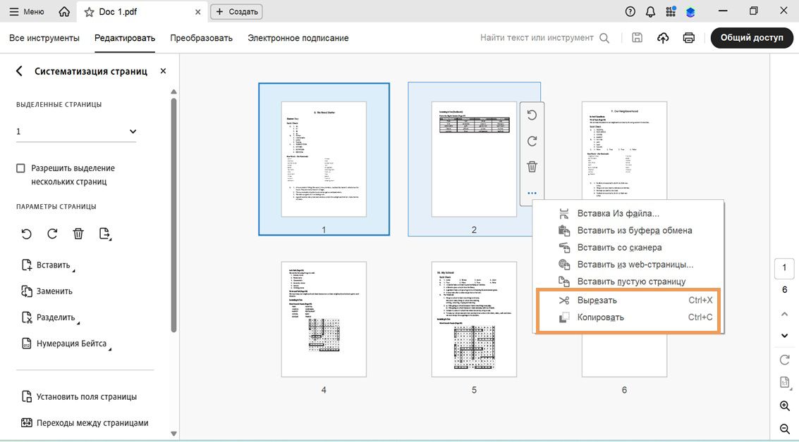 В режиме Систематизация страниц отображаются значки, а в контекстном меню выбранной страницы доступны опции Вырезать и Копировать.