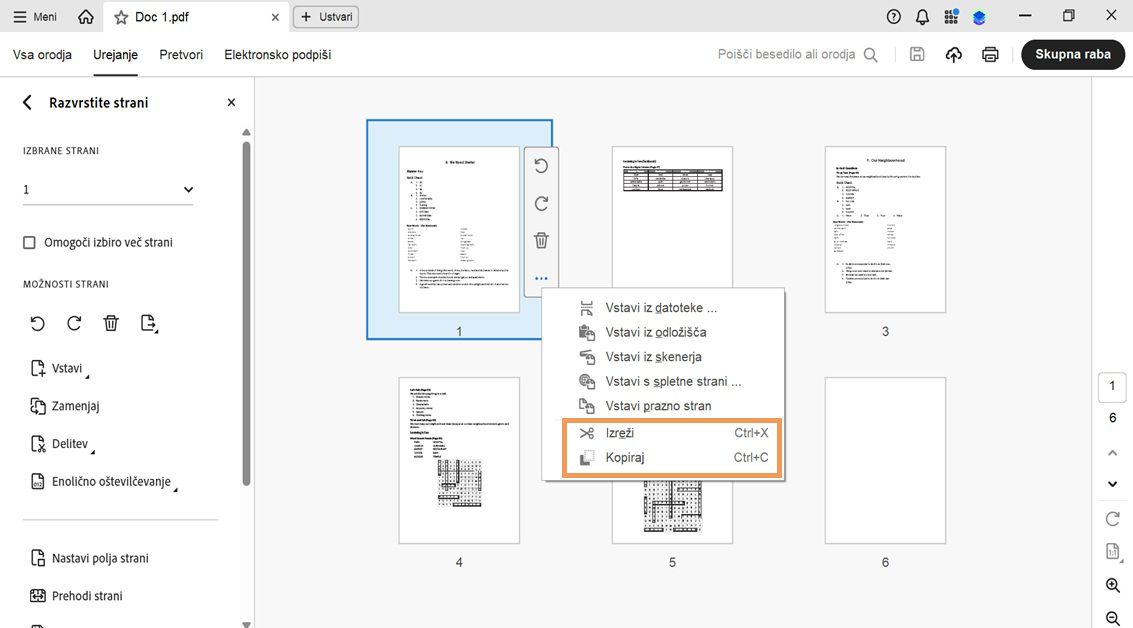 Pogled Razvrščanje strani prikazuje sličice, pri čemer kontekstni meni izbrane strani prikazuje možnosti Izreži in Kopiraj.