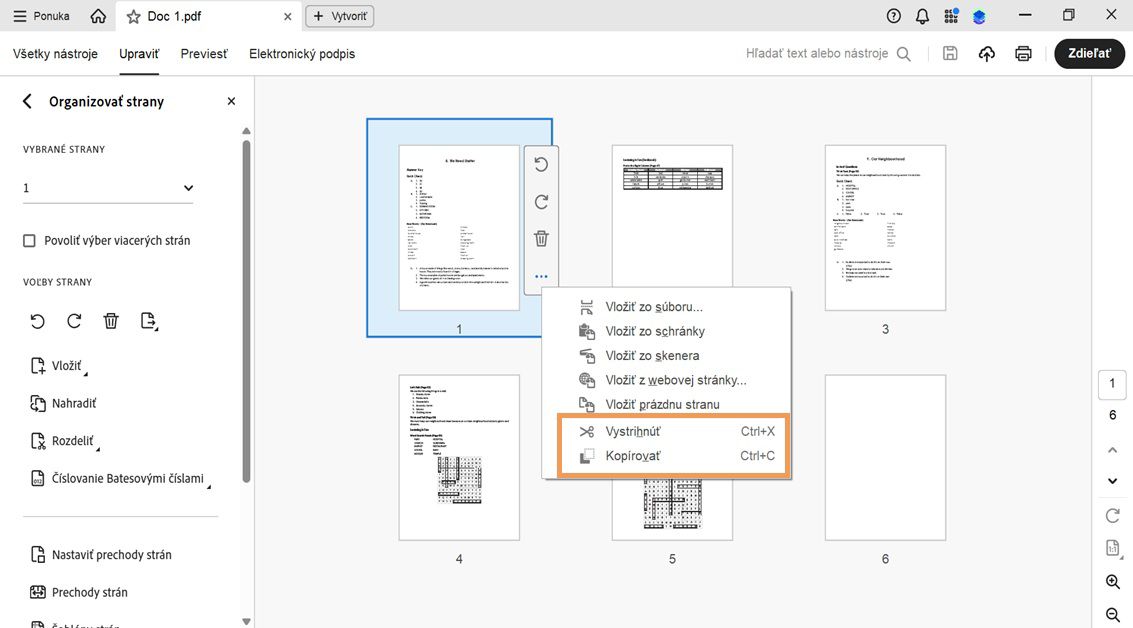 Zobrazenie Usporiadanie strán zobrazuje miniatúry s kontextovou ponukou vybranej strany, ktorá obsahuje možnosti Vystrihnúť a Kopírovať.