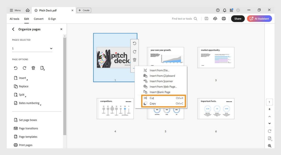 התצוגה Organize pages (סידור עמודים) מציגה תמונות ממוזערות, כאשר תפריט ההקשר של העמוד הנבחר מציג אפשרויות גזירה והעתקה.